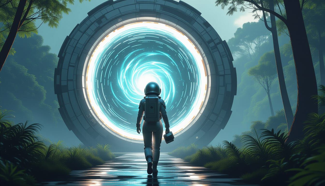 Astronaut Approaches Swirling Stargate in Alien Forest