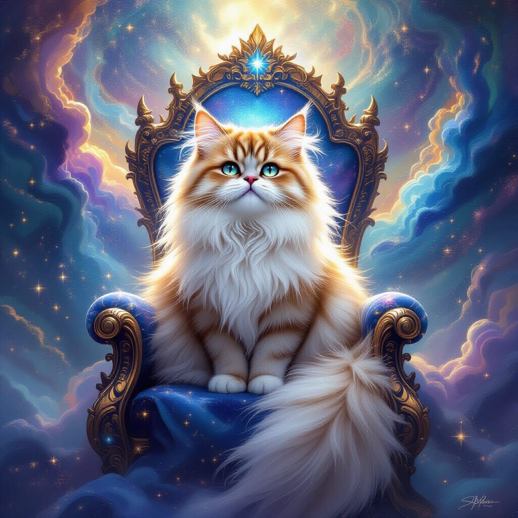 Ethereal Persian Cat on Cosmic Throne