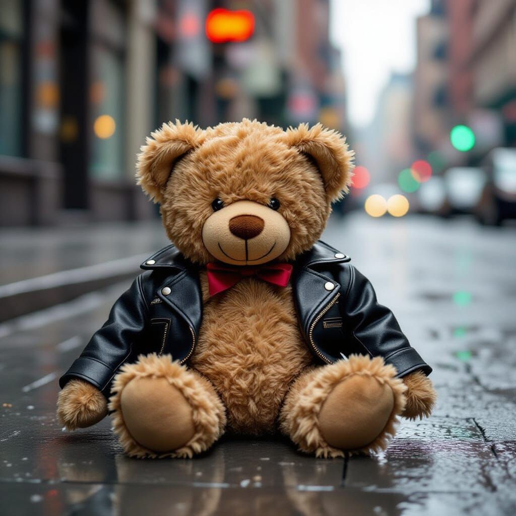 Teddy Bear in Leather Jacket on Rainy Street