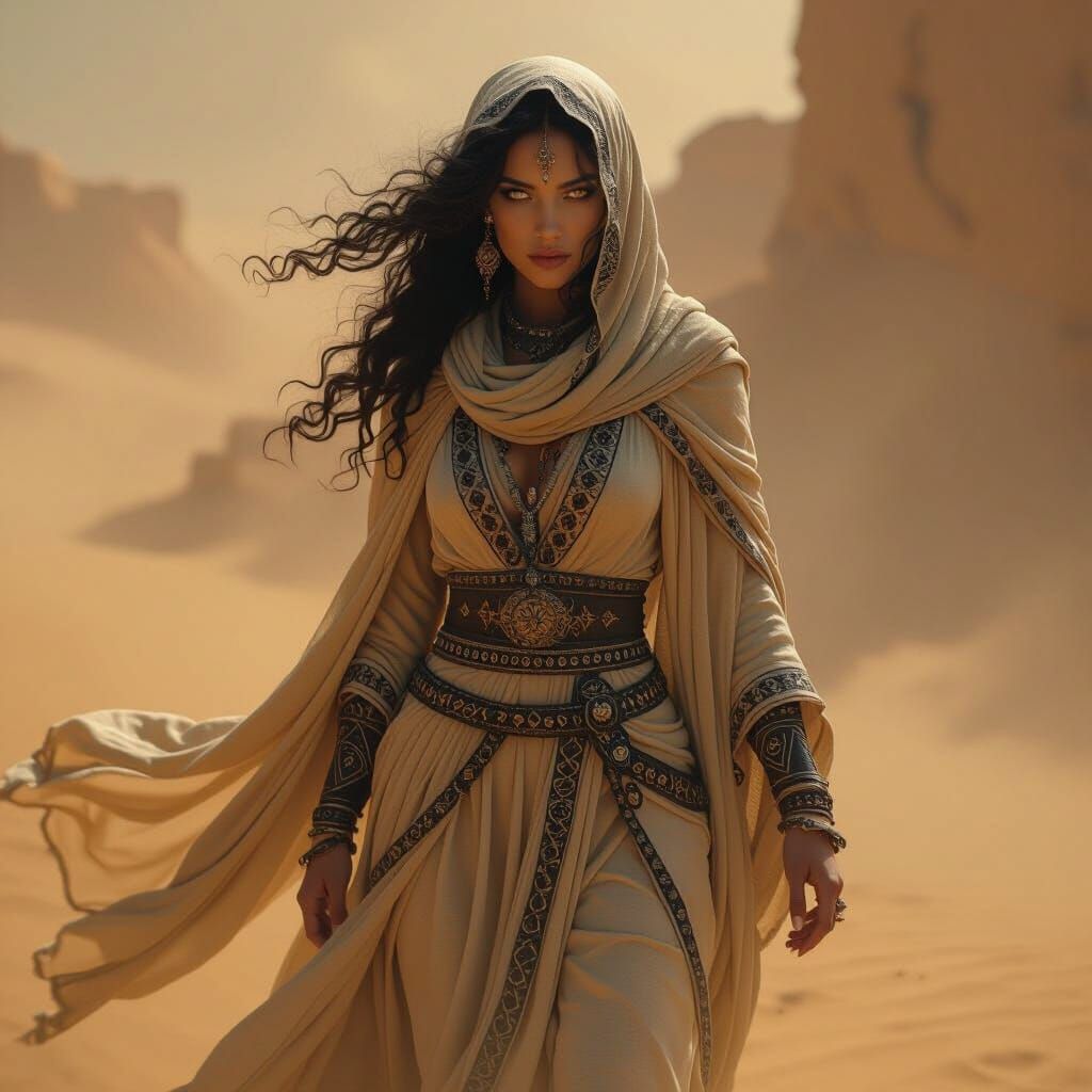 Desert Witch in Dust Storm, Dark Fantasy Scene