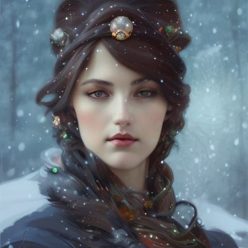 Art Nouveau Jeweled Lady in Winter Snow