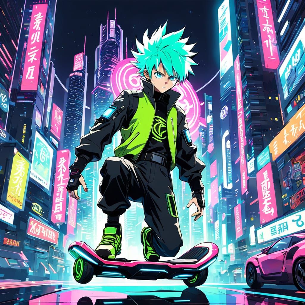 Futuristic Boy on High-Tech Hoverboard in Neon Cityscape
