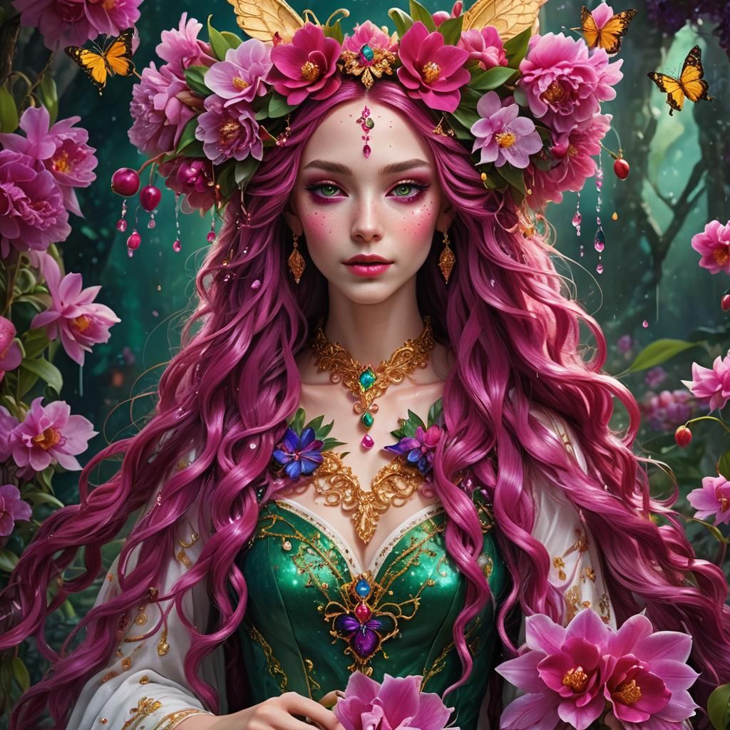 Elven Girl with Fuchsia Hair and Floral Crown