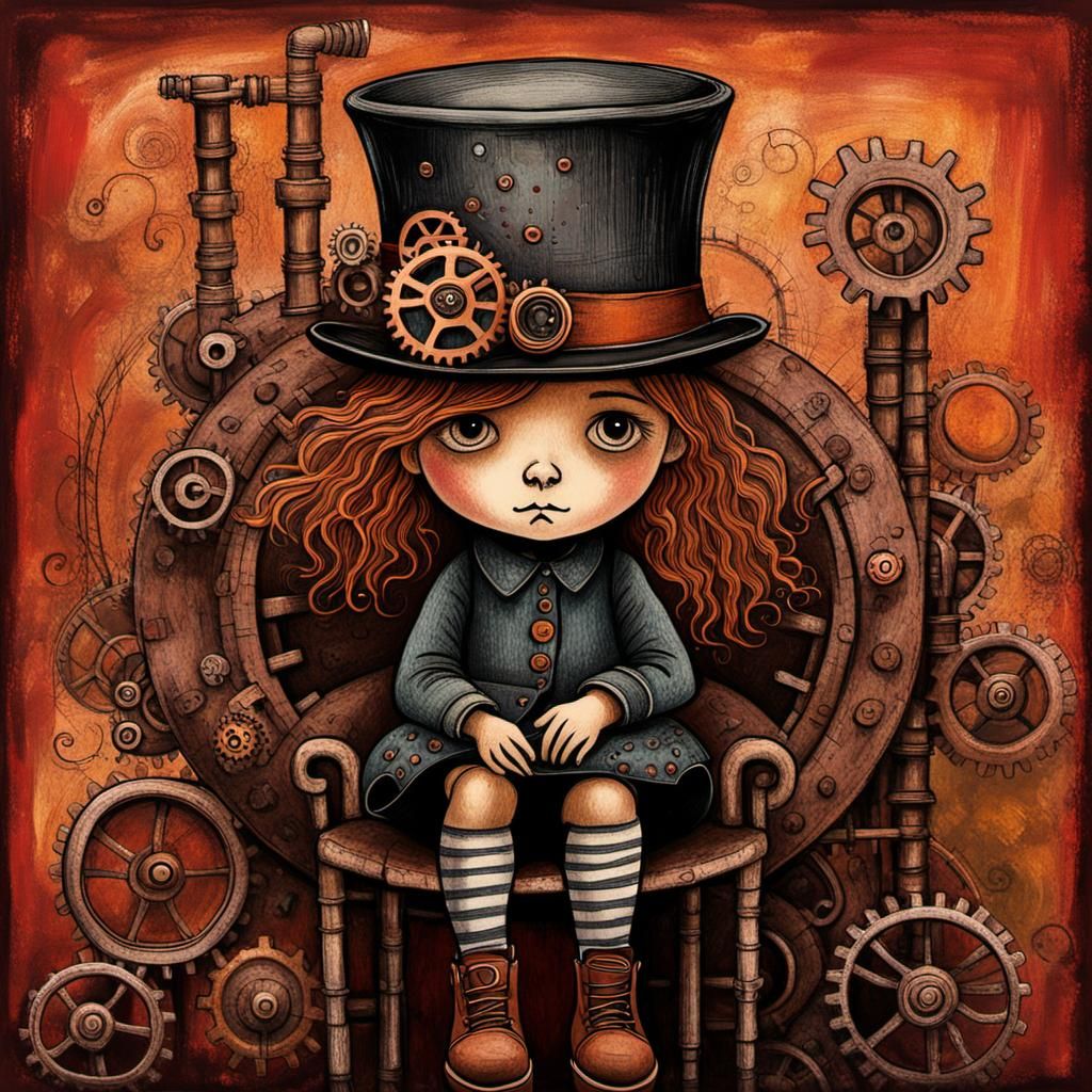 Steampunk Girl in Hat: Naive Art Illustration
