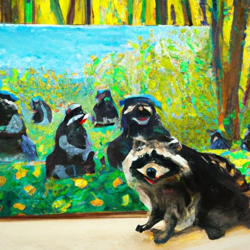 Raccoon Paints Ninja Dogs: Impressionistic Style