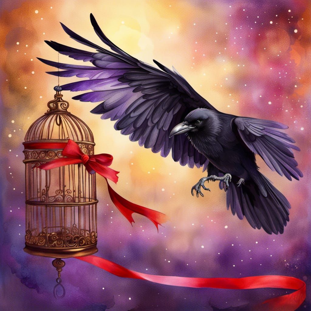 Raven in Flight Watercolor Painting with Birdcage