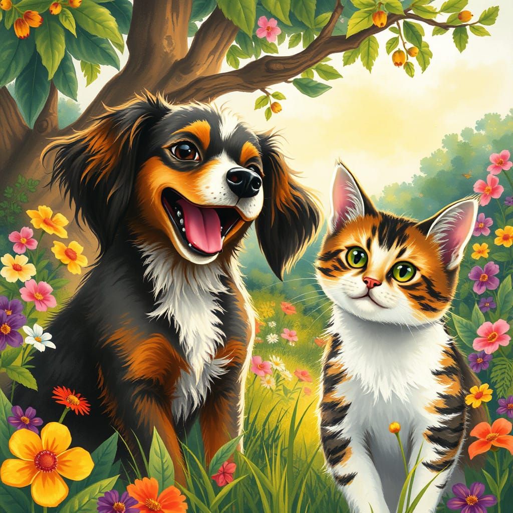 Vibrant Dog and Cat in Whimsical Landscape