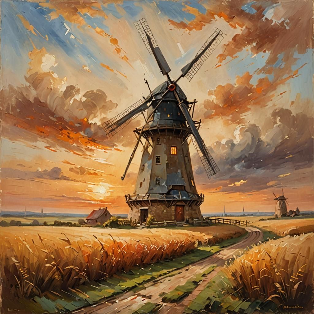 Windmill in Golden Field: Romantic Oil Painting