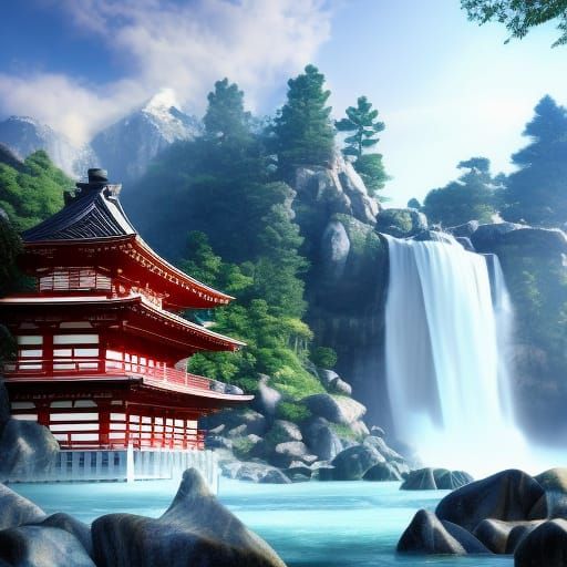 Japanese Temple on Rocky Mountain with Waterfall