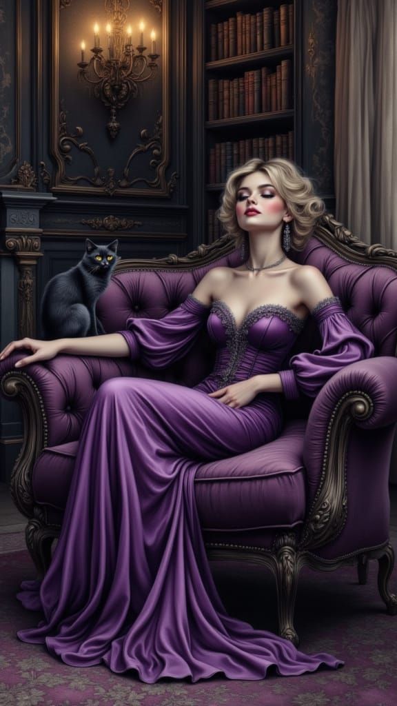 Romantic Gothic Woman in Library: Pastel Drawing