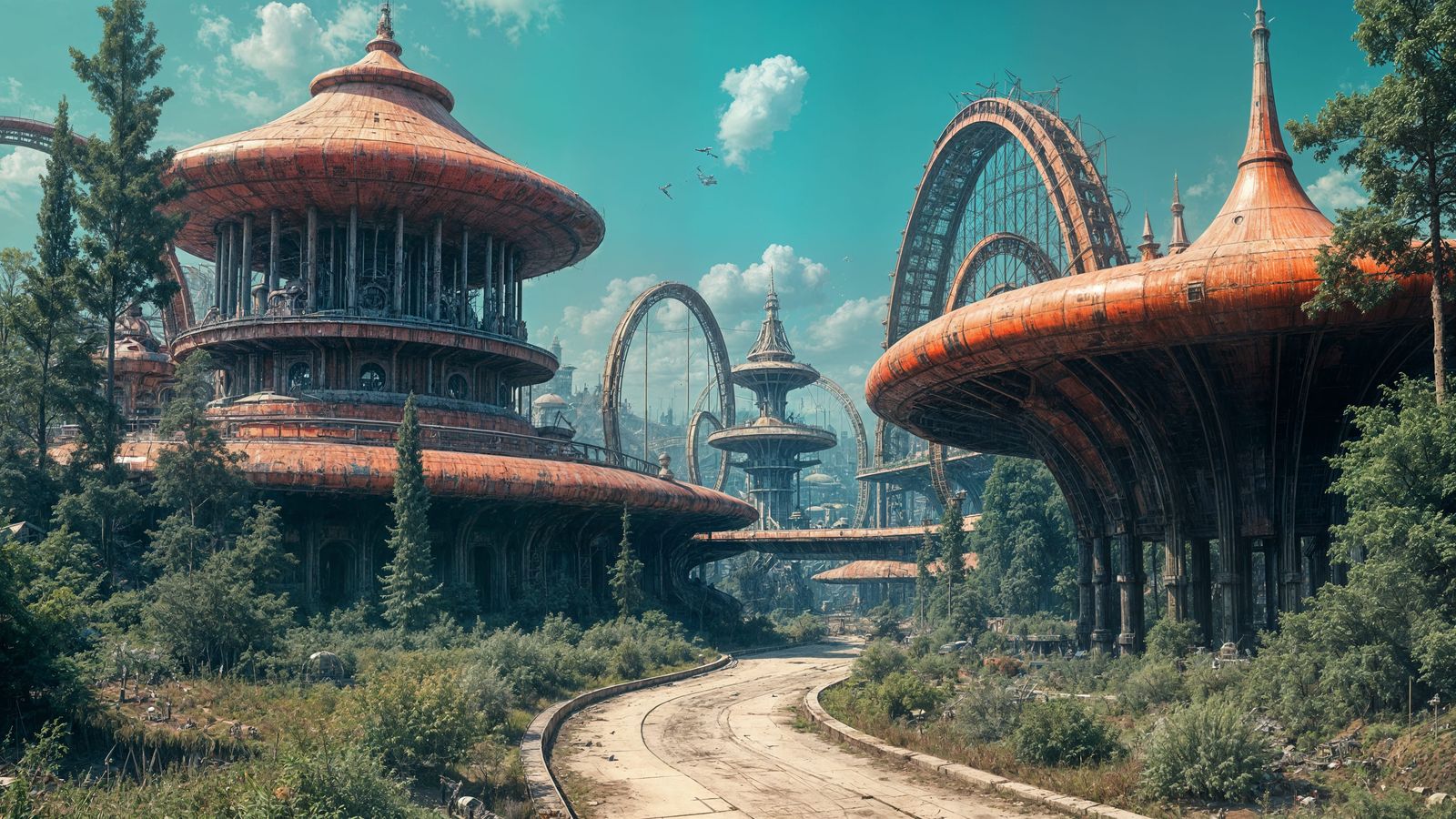 from the open prompt gang: A surreal, dystopian amusement park with crumbling, futurist architecture, designed by JG Bal...