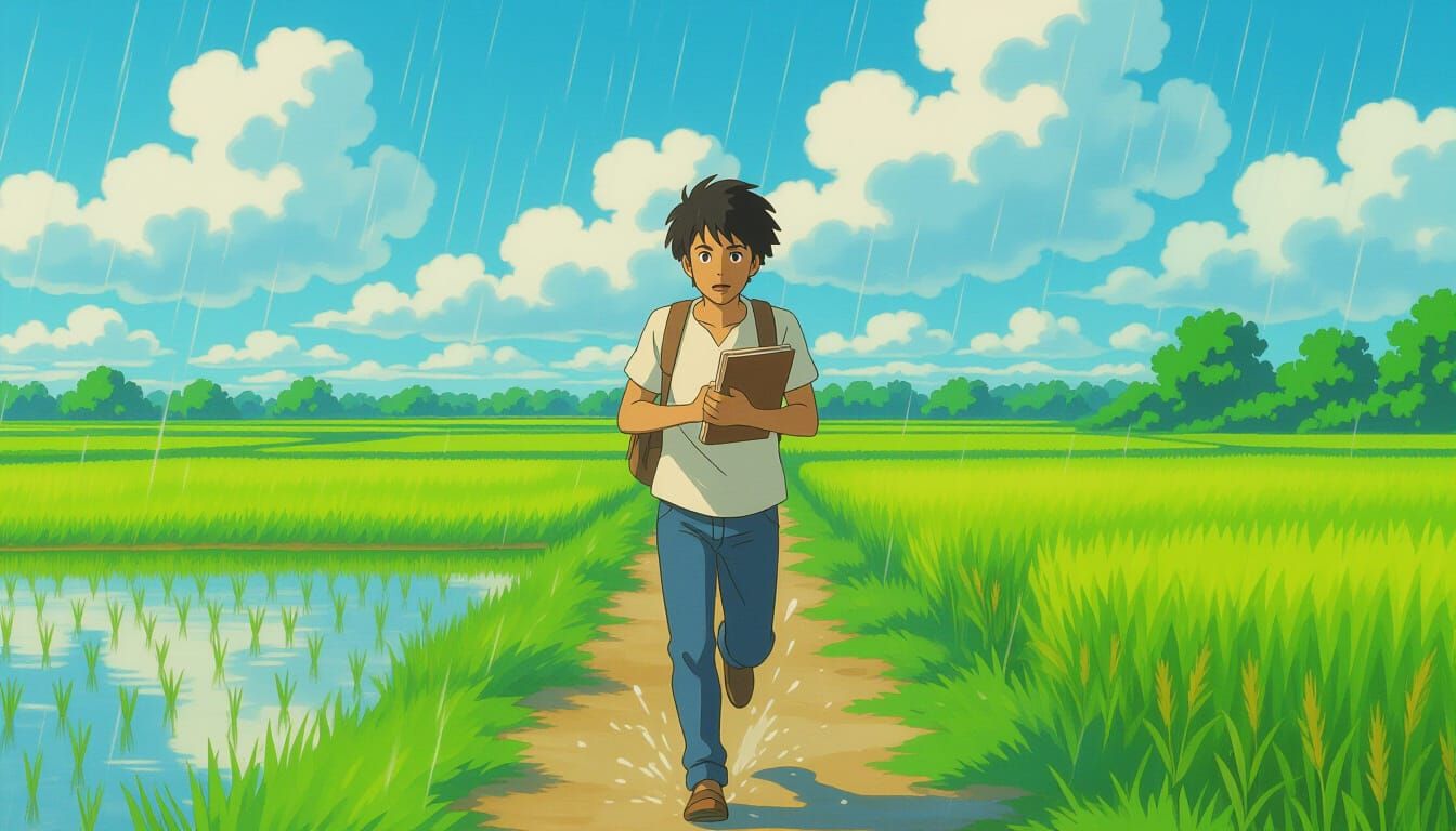 Indian Boy Running Through Wet Rice Fields in Ghibli Style
