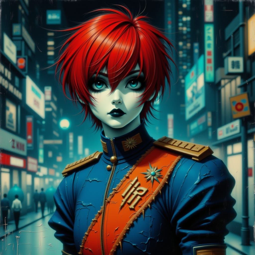 A gothic anime Cyberpunk John Tracy, red hair, turquoise eye...