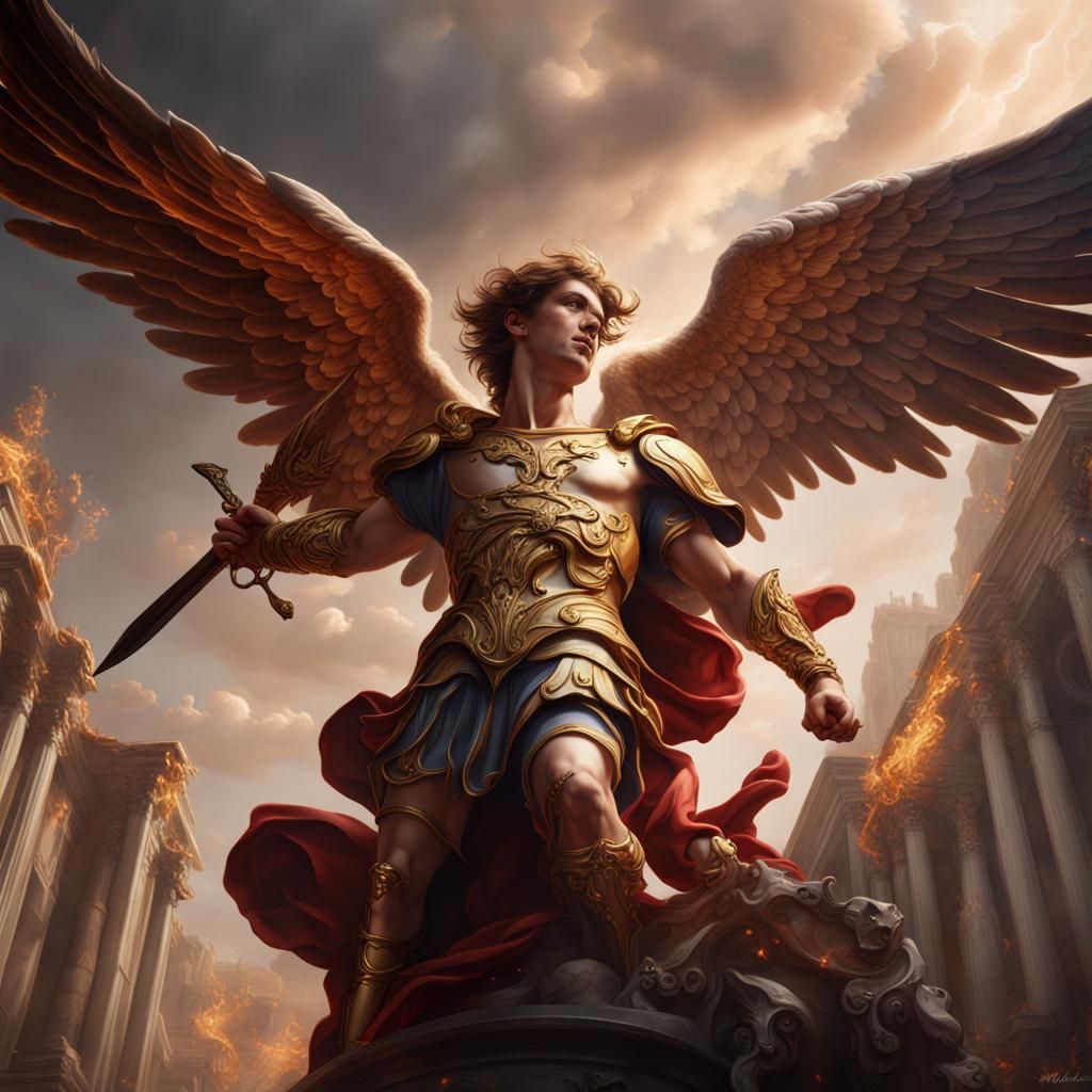 Archangel Michael Defeats Satan: Detailed Digital Art