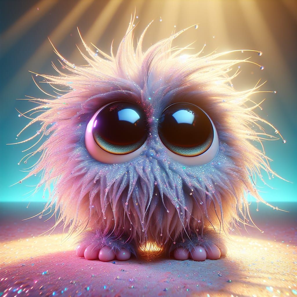 Adorable Glittering Fluffball Monster in Cartoon Style