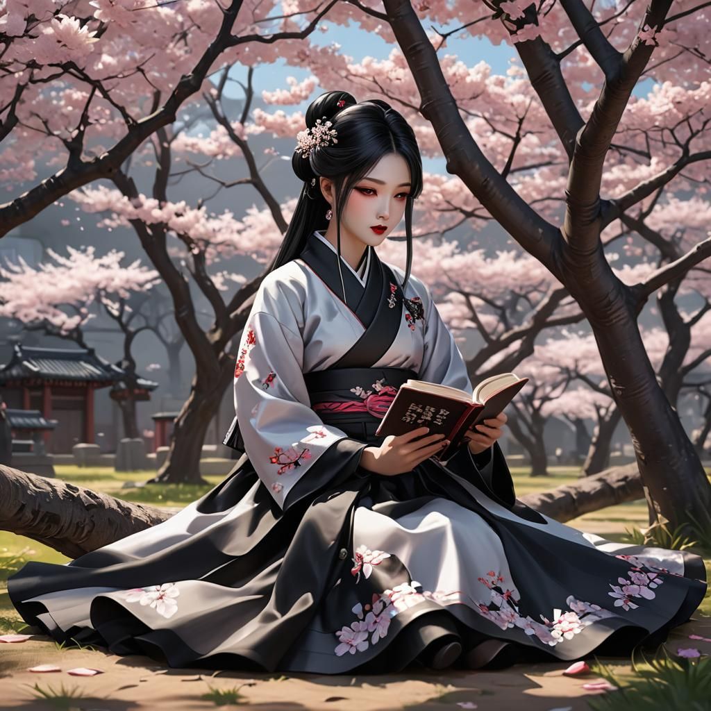 Gothic Girl Reading Under Sakura Tree: Anime Art