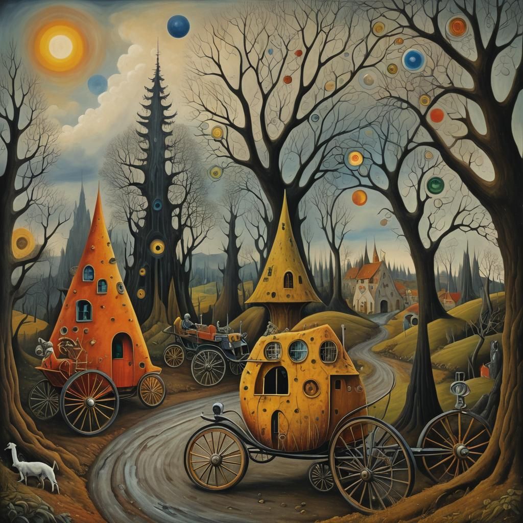 Surreal Creatures on Wheels in Volcanic Landscape