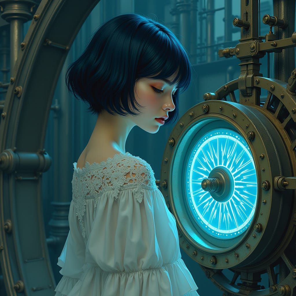 Melancholic Steampunk Goddess in Clockwork Realm