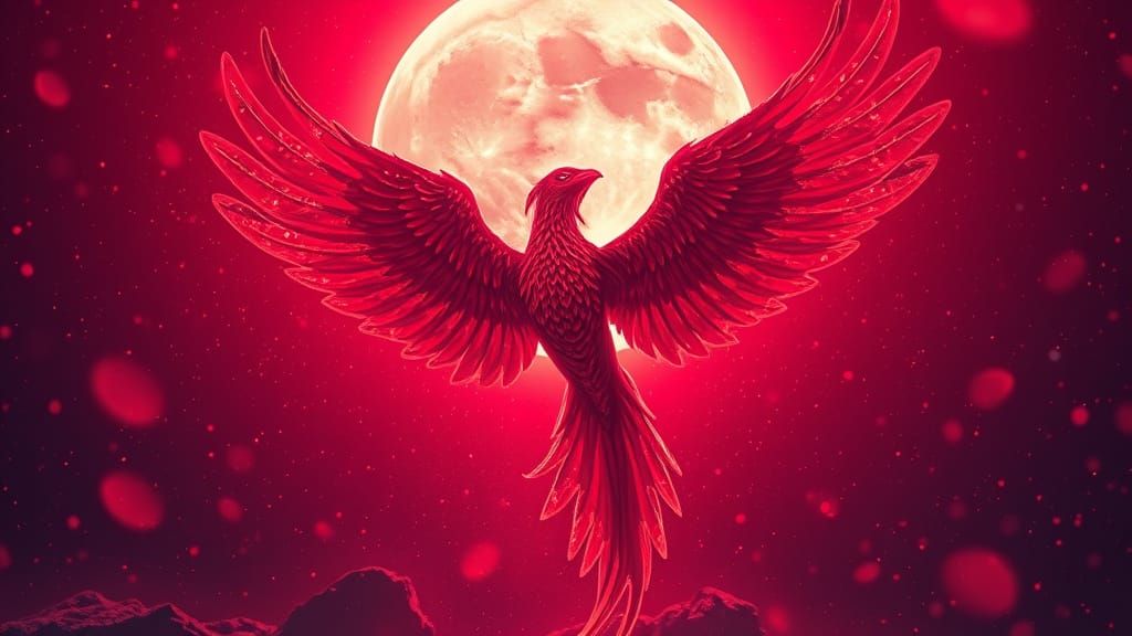 Phoenix Rising Over Moon in Red Snowstorm