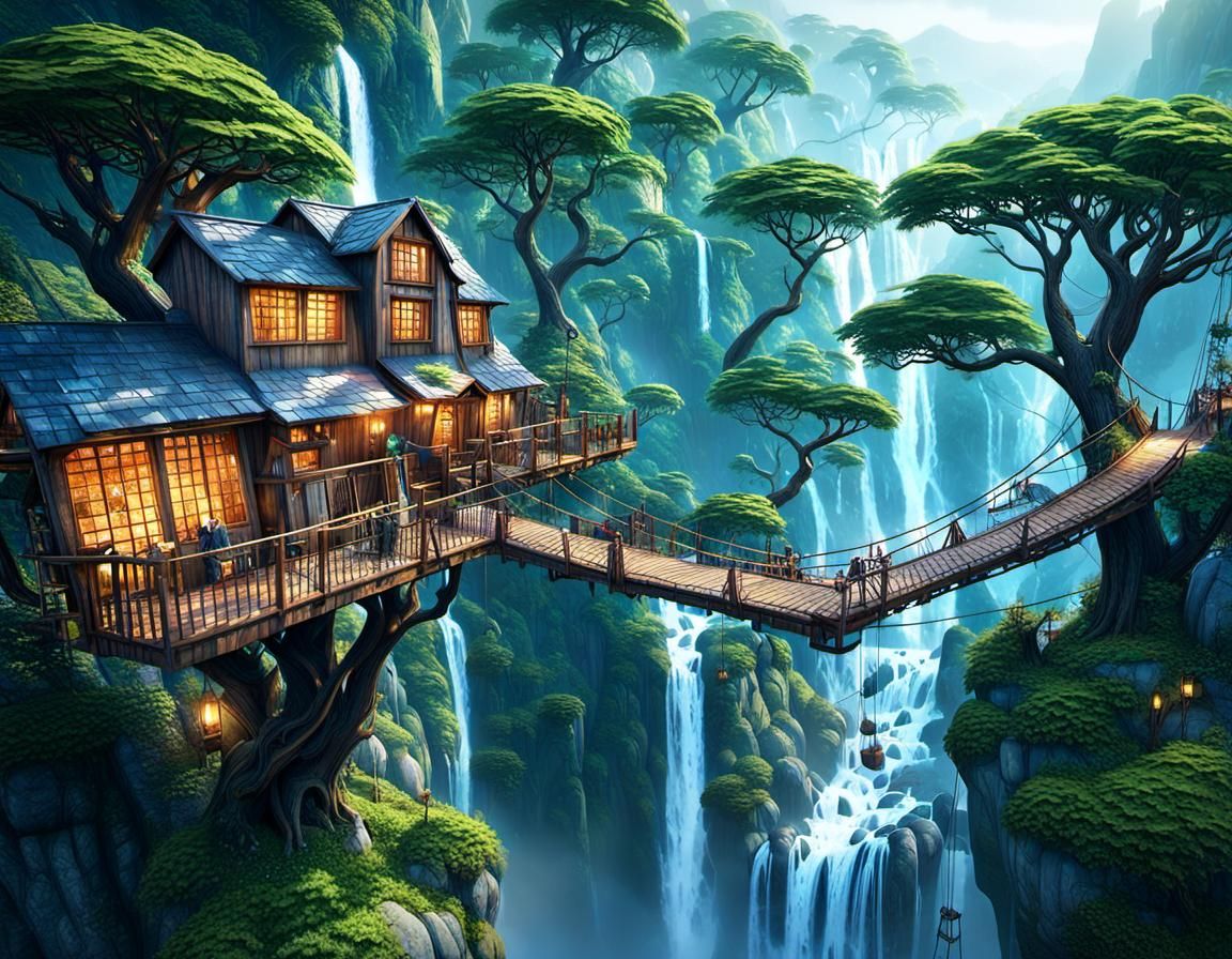 Modern Treehouse Village in Misty Mountains