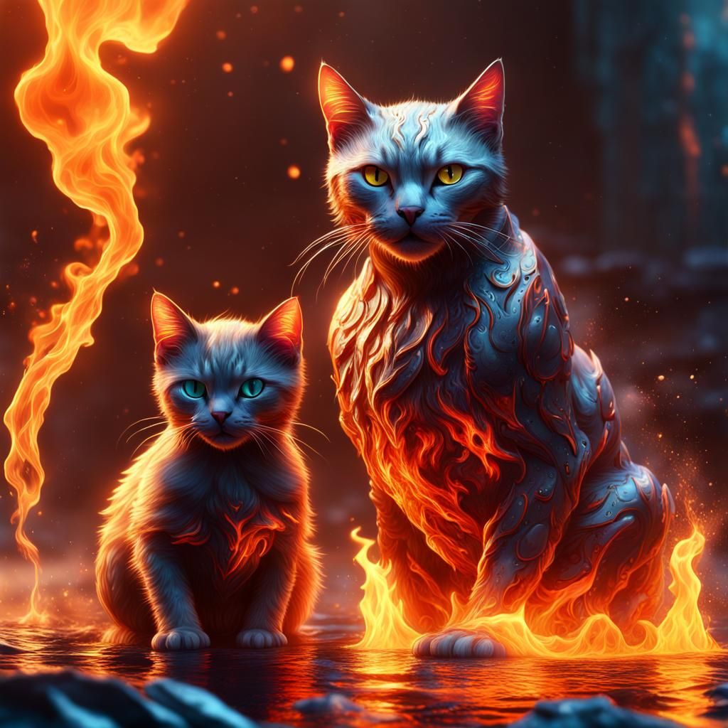 Fiery Cat and Water Cat Fantasy Concept Art