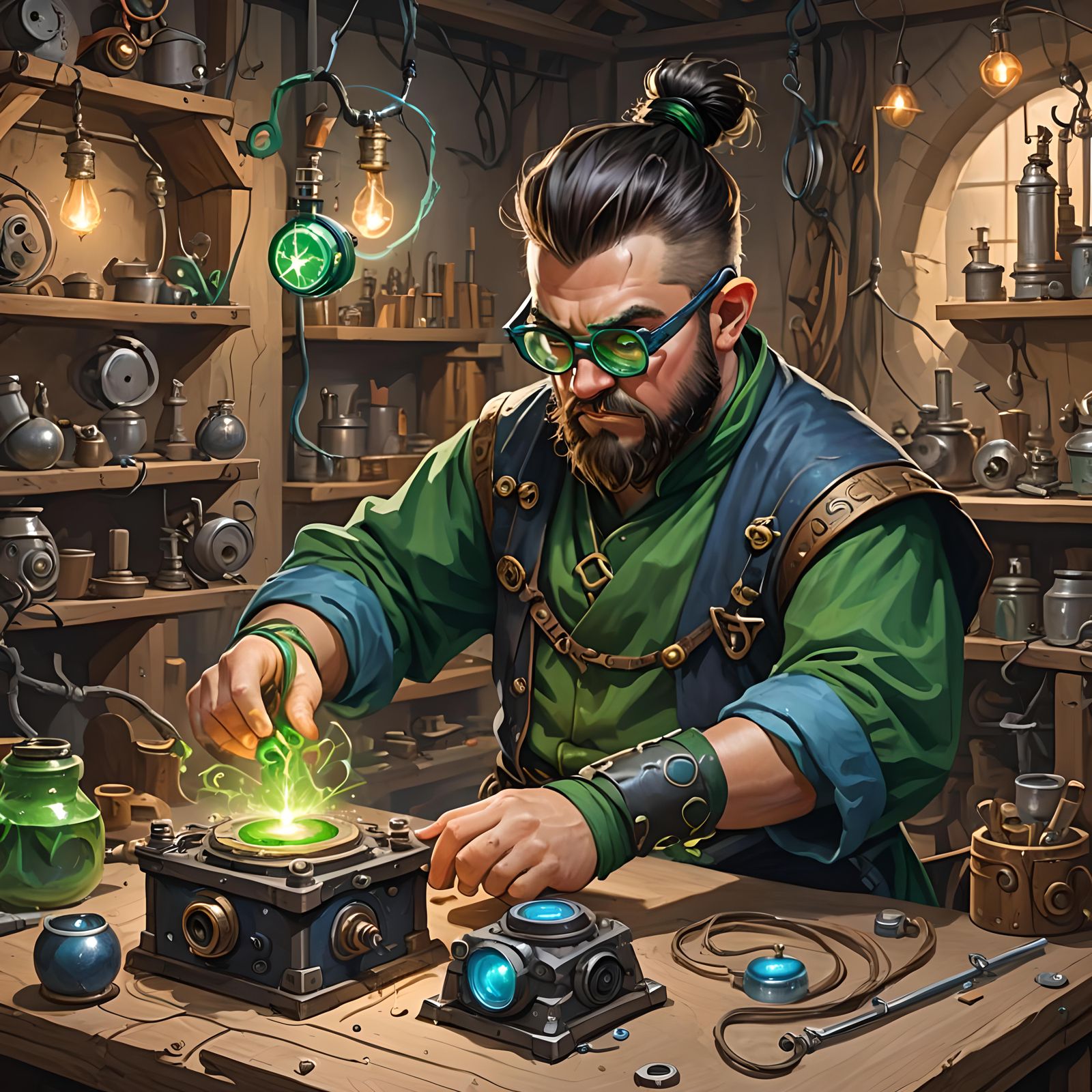 a young male dwarf magic student, black top knot hair, green...