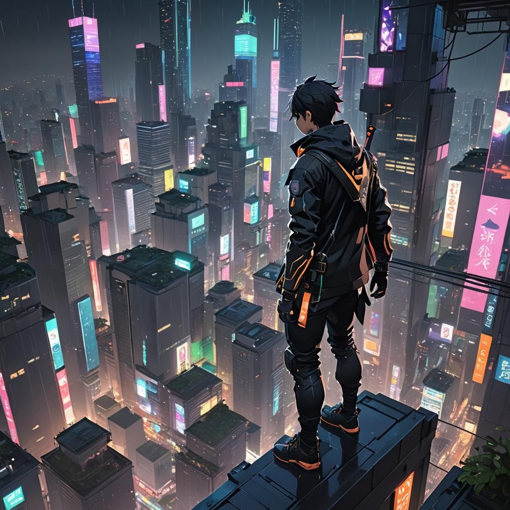 Anime Man Overlooking Neon Cityscape in 3D Concept Art
