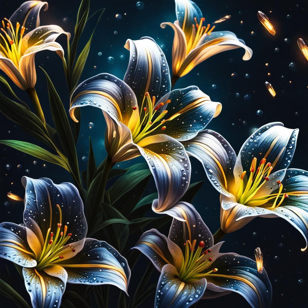 Transparent Lily at Night with Fireflies: Hyperrealistic Spl...