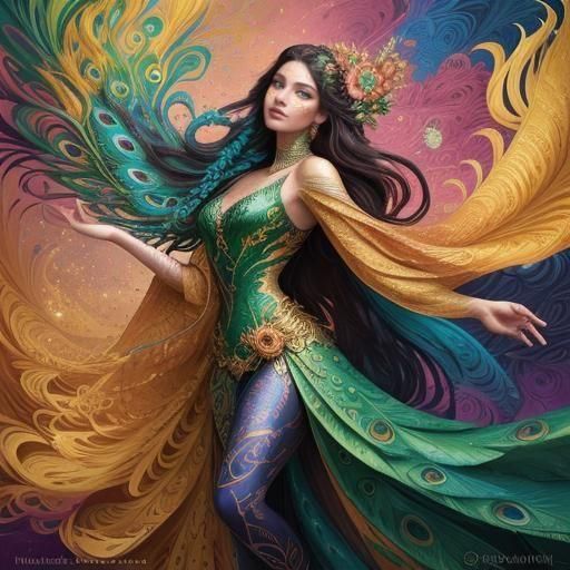 Dragon Peacock Woman in Abstract Expressionist Style