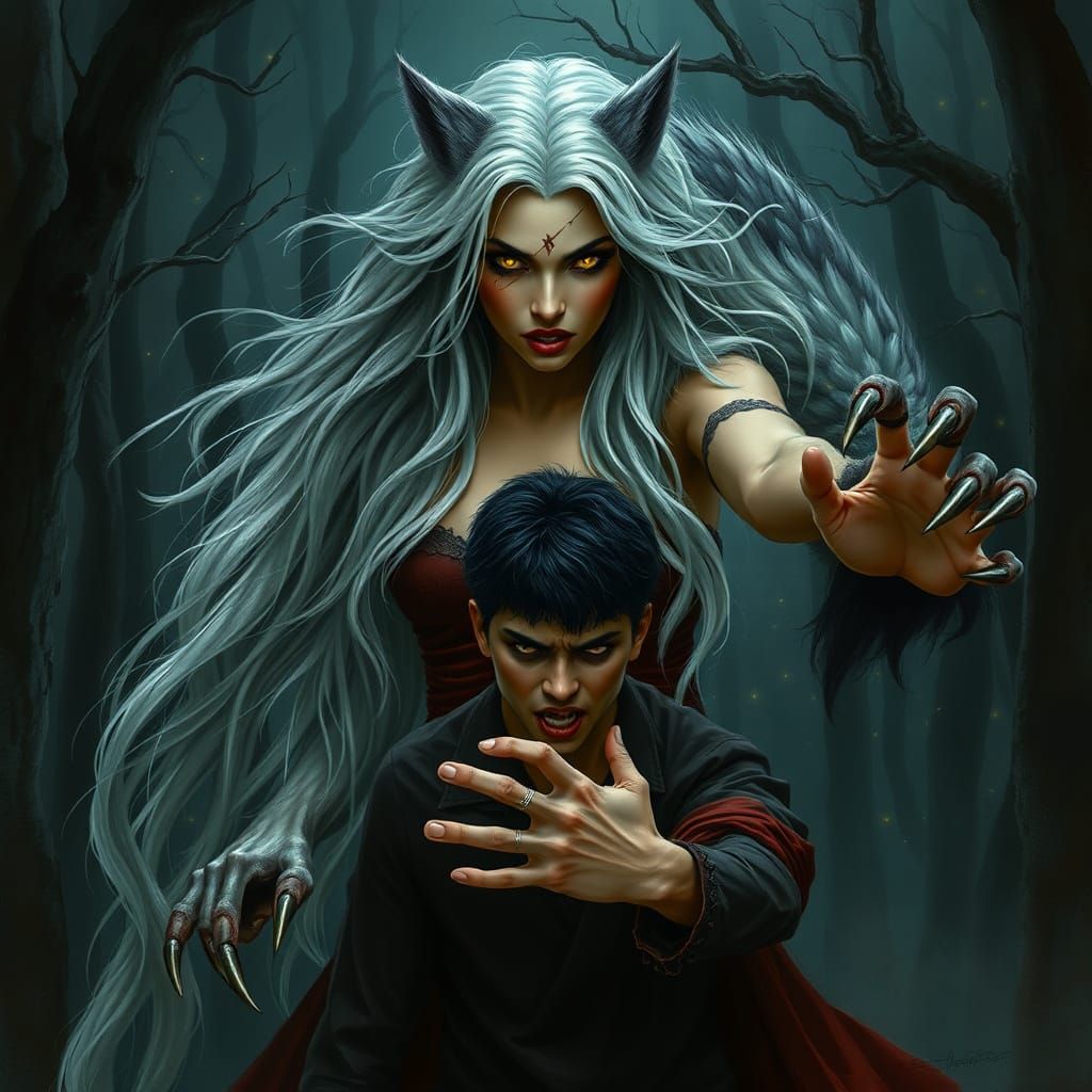 Wolf Goddess Guards Frightened Man in Dark Forest