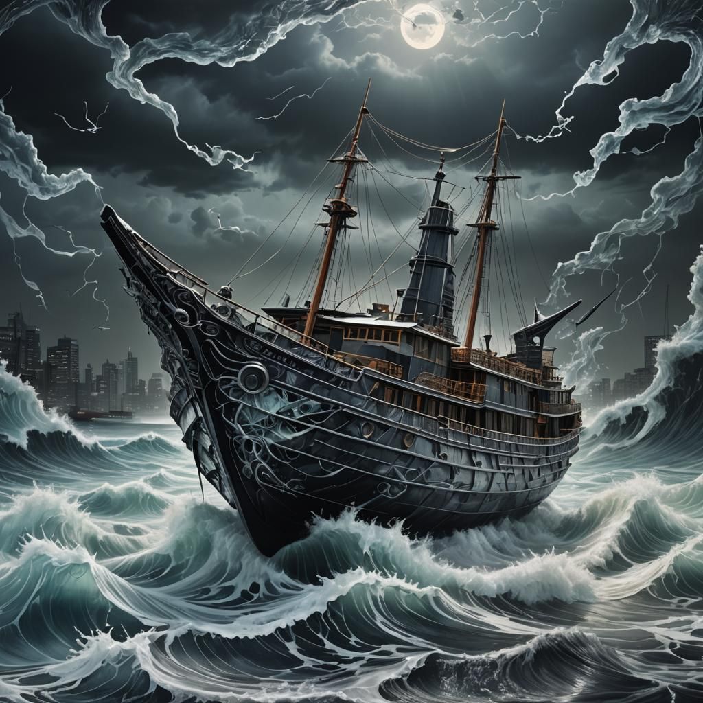 Glass Origami Boat in Stormy Seas, Street Art Style