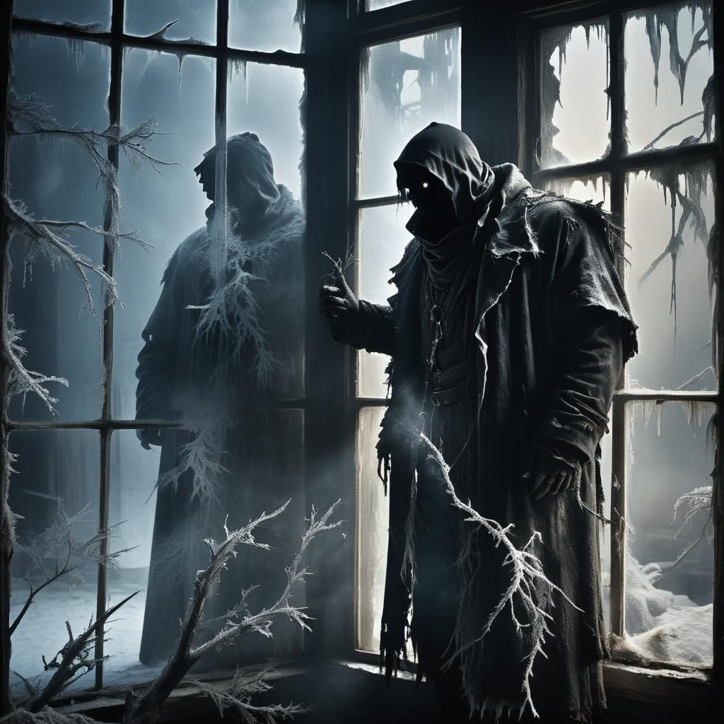 Menacing Figure in Frost-Covered Winter Lodge