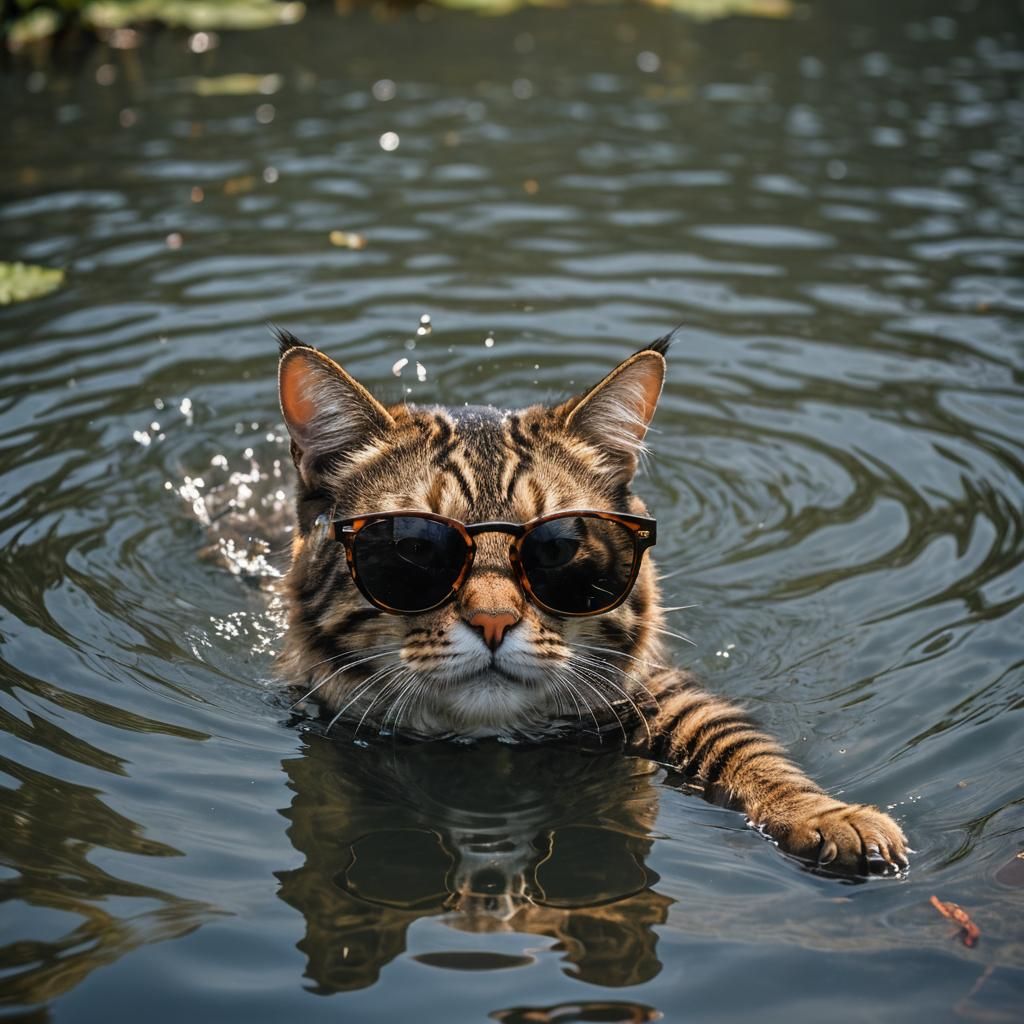 Hyperrealistic Cat Swimming in Lake with Sunglasses