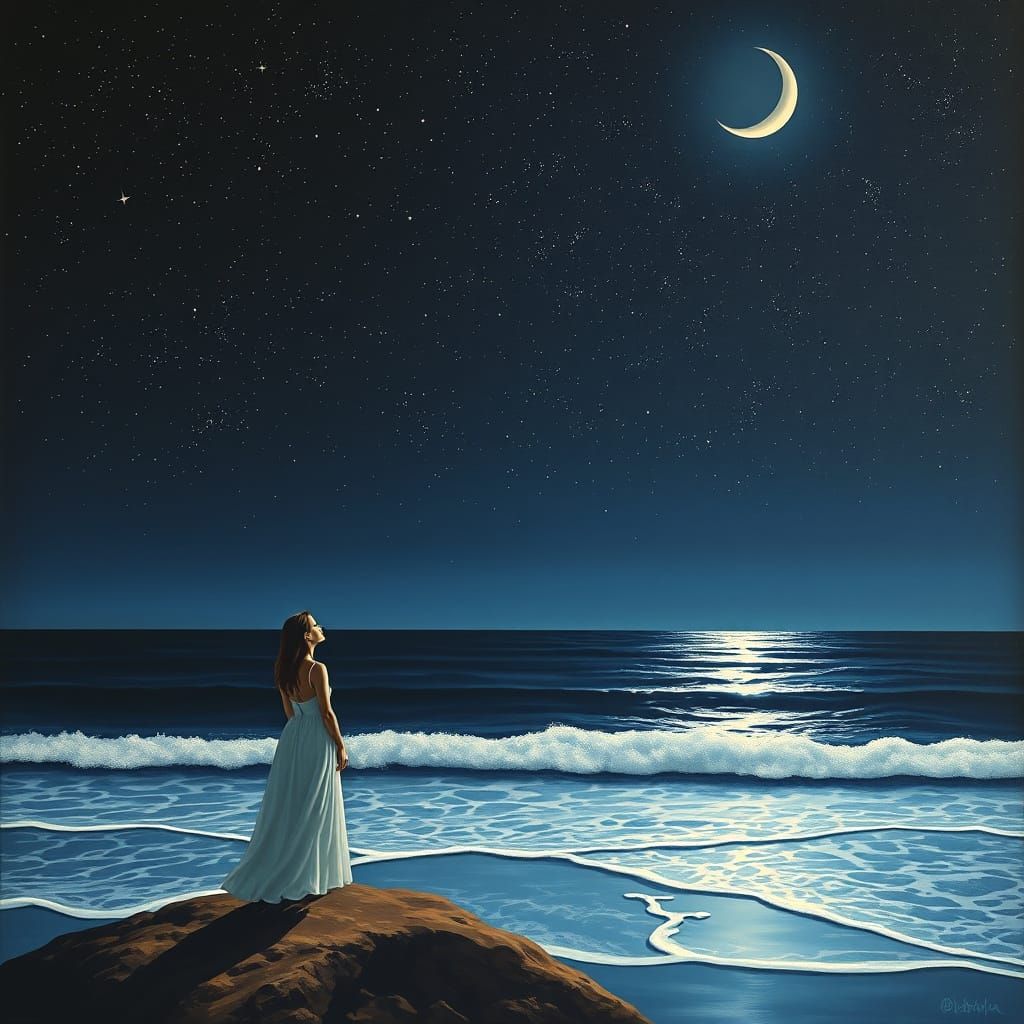 Woman at Pacific Ocean Under Crescent Moon, Surrealist