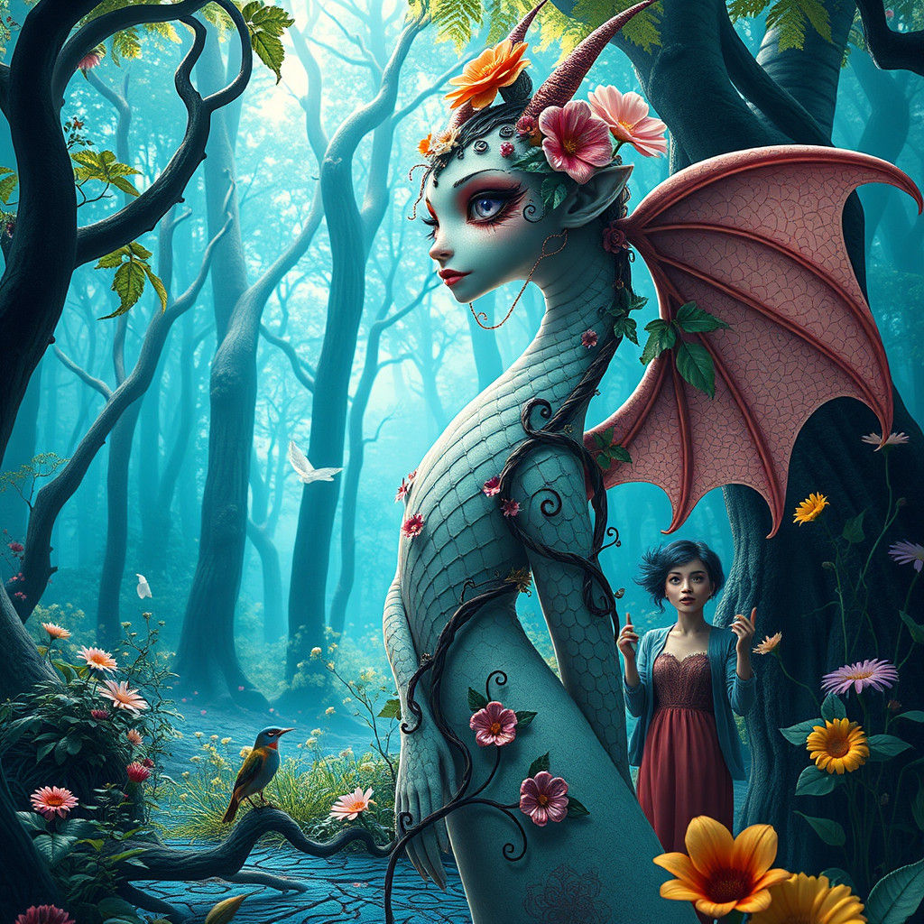 Surreal Dragon-Woman in Ethereal Forest
