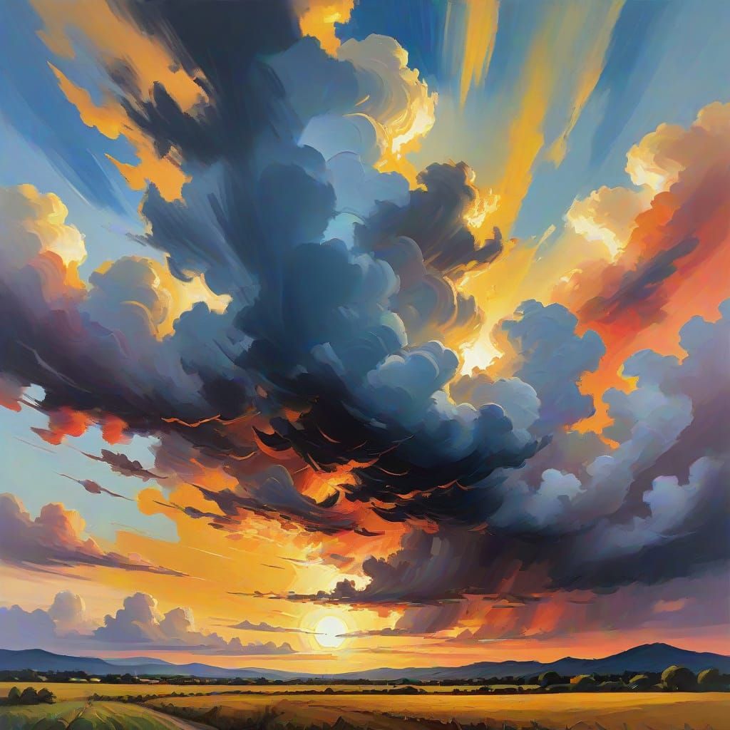 Impressionist Gouache Sky with Golden Hour Lighting