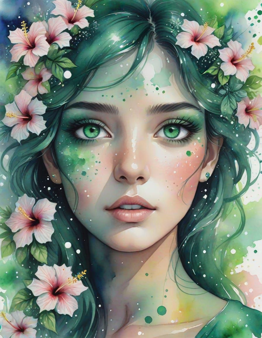 Emerald Eyes with Hibiscus in Watercolor Splash Art