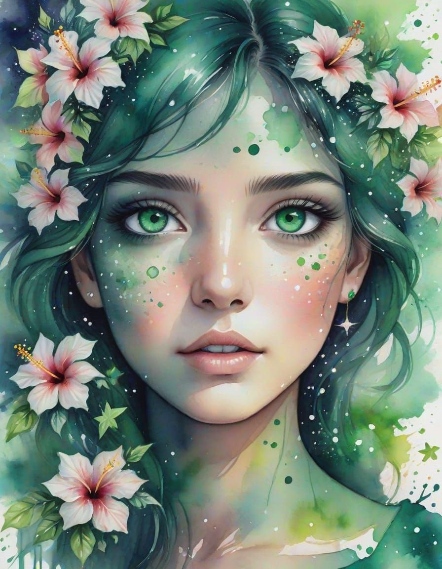 Emerald Eyes with Stars and Hibiscus in Watercolor