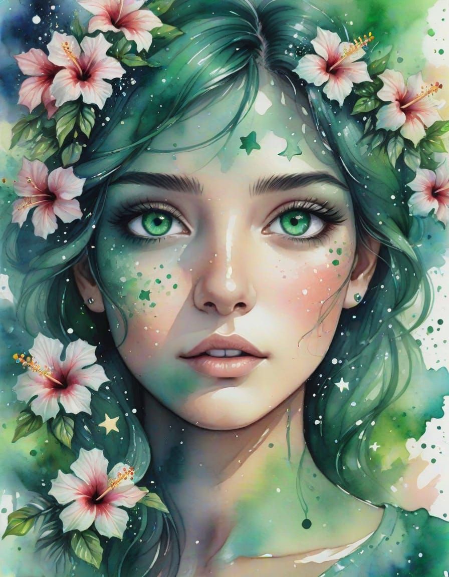 Emerald Eyes with Sparkling Stars, Watercolor Splash Art