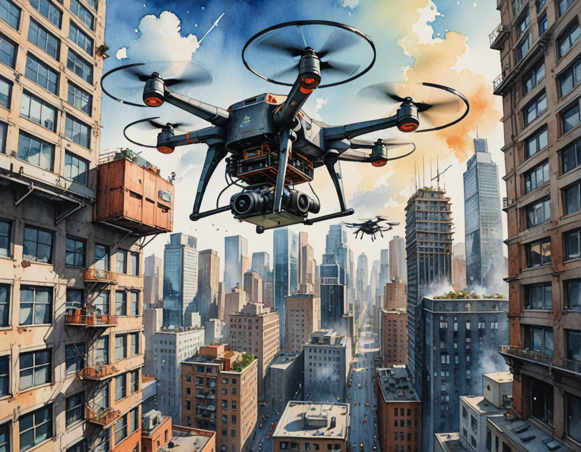 Vibrant Cityscape in Whimsical Watercolor Drone View