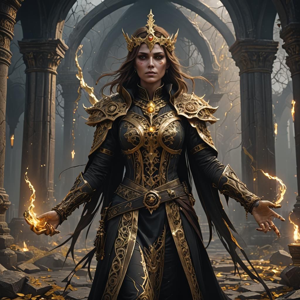 Female Necromancer in Gold and Black, Detailed Art