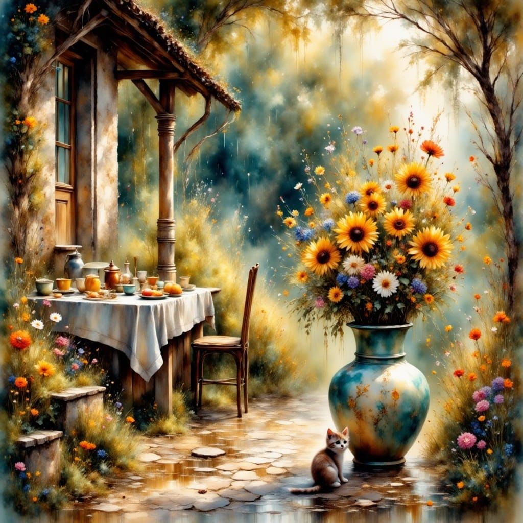 Cozy Veranda Scene with Kitten in Summer Rain