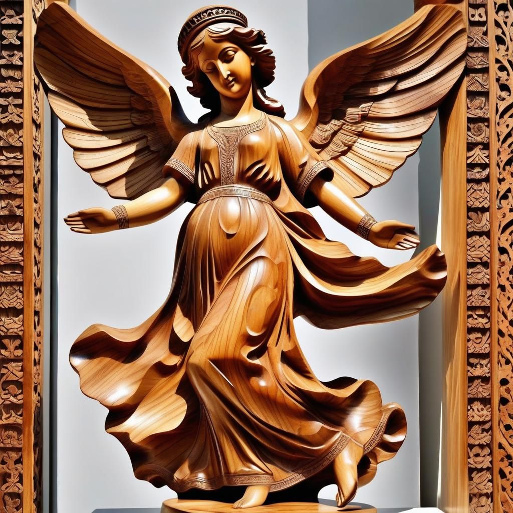 Intricate Wooden Statue of a Dancing Angel