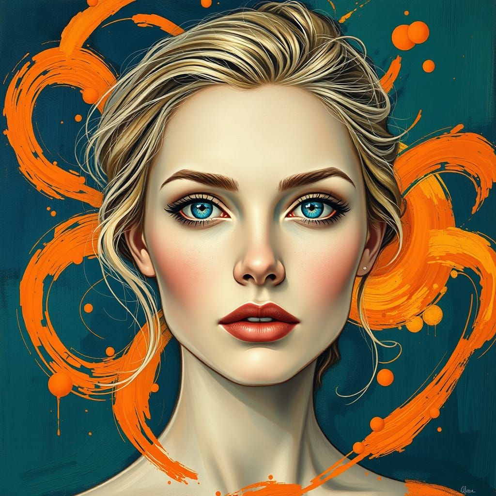 Woman in Blue Gaze with Vibrant Abstract Background