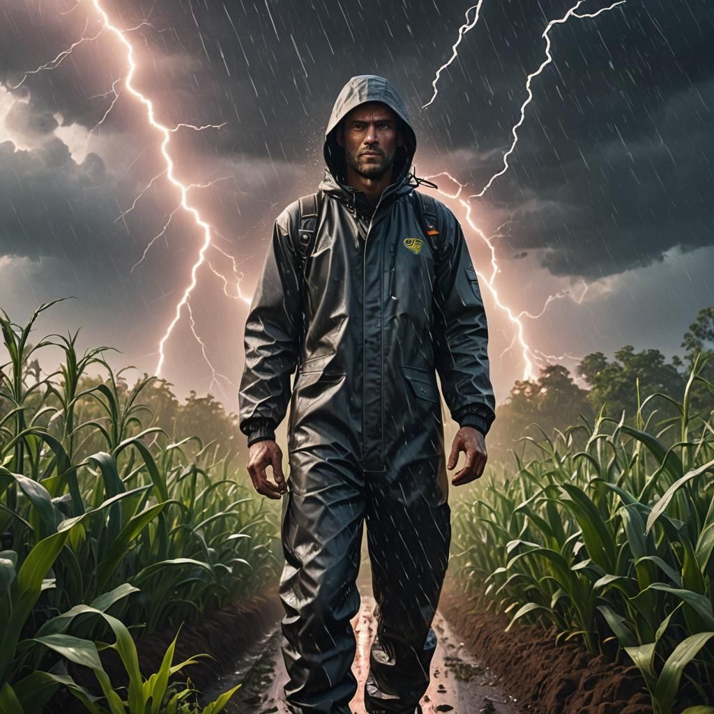 Man in Rain Suit Amidst Lightning and Rain