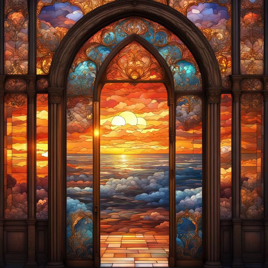 Pegasus Sunset Through Stained-Glass Doorway