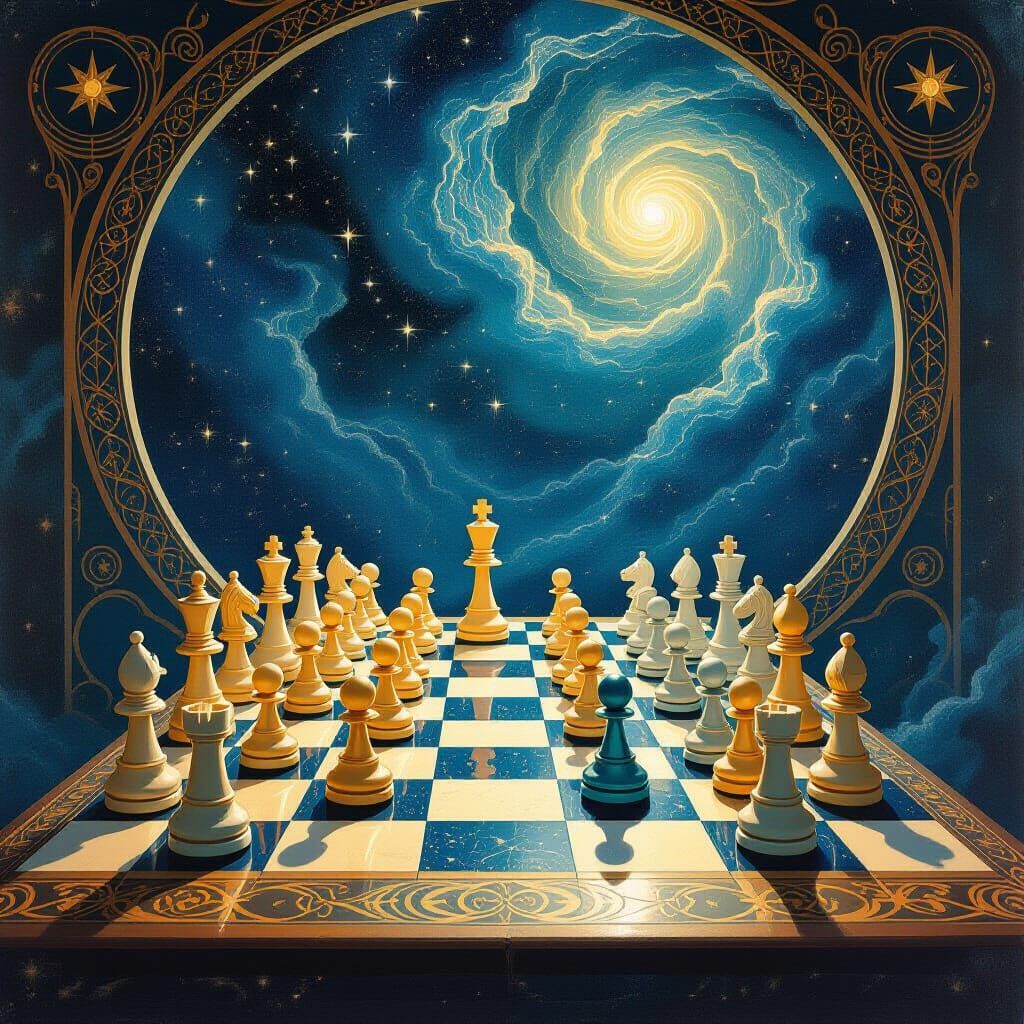 Celestial Chess Match on Nebula Board, Ethereal Light