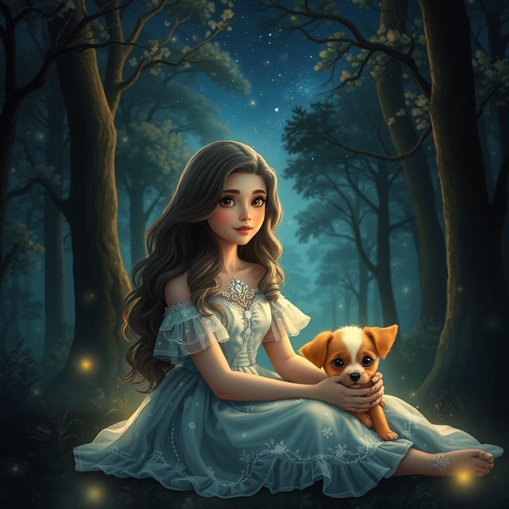 Enchanting Forest Scene with Girl and Puppy