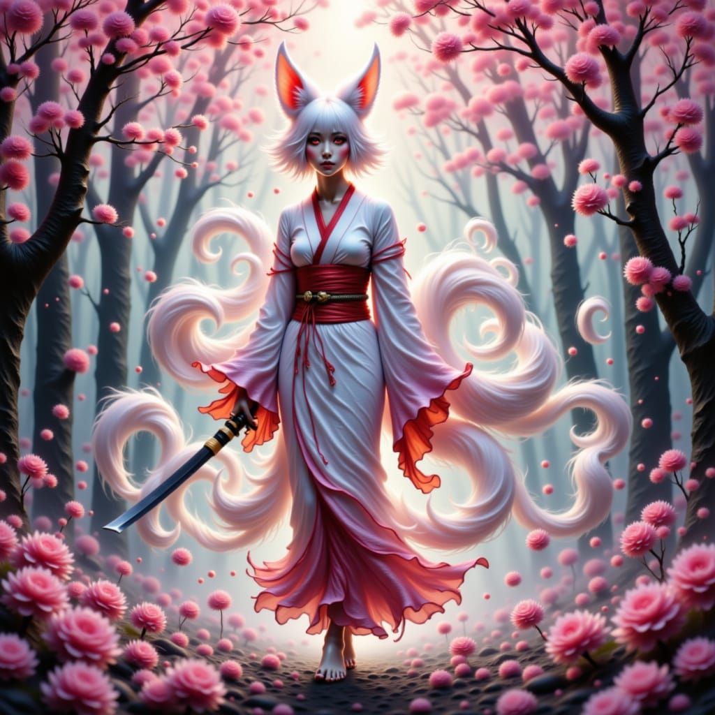 Kitsune in Mystical Cherry Blossom Forest