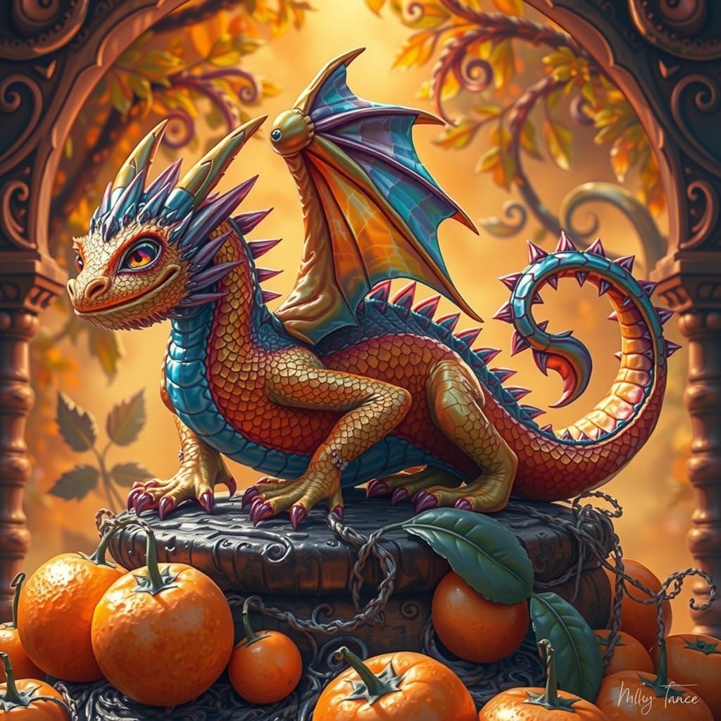 Teeny Tiny Dragon Amongst Emerald Oranges in a Dreamy, Whims...